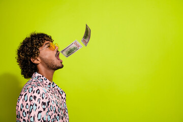 Photo portrait of attractive young man catch open mouth money wear trendy pink leopard print...