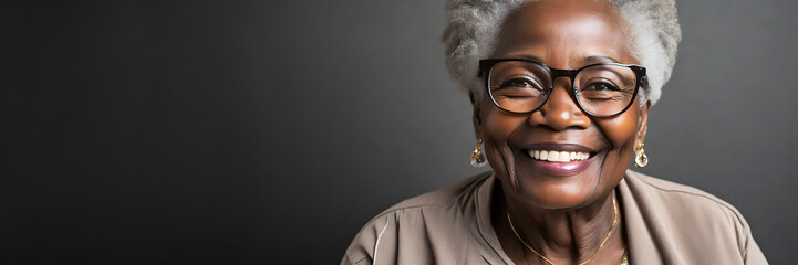 portrait of happy senior black woman wearing glasses with copy space