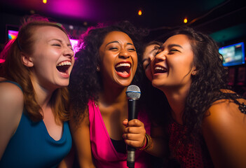 Friends engaged in a pajama party karaoke session, happy joyful people singing with a mic and colorful background