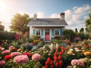  a house in the middle of a field with flowers in front of it and a tree in the back of the yard and a fence in front of the house.  generative ai - obrazy, fototapety, plakaty