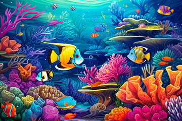 Tropical fish and coral reef in underwater world.