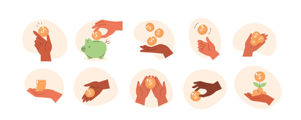 Hand gestures illustrations set. Collections of diverse characters hands holding money coins and cash on fingers and palms. Finance, investments and donation concept. Vector illustration. - 690286974
