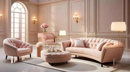 Interior in pink colors, romantic comfort, textures.
