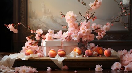 Still life on the table, peaches and sakura flowers