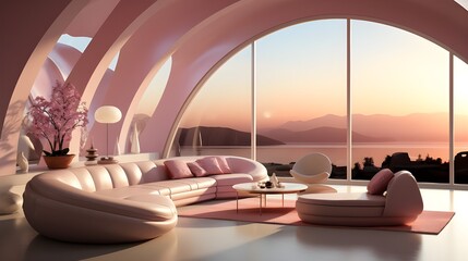 Interior in pink colors, romantic comfort, textures.