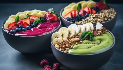 Three Bowls Filled with Different Types of Food