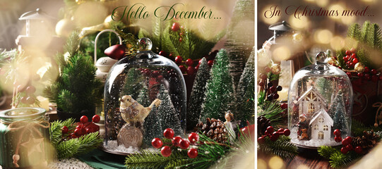 December banner with vintage style glass cloche and decors in Christmas mood