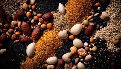 A Variety of Nuts and Seeds on a Black Surface - obrazy, fototapety, plakaty