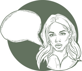 Beautiful young woman talk. Empty speech bubble for sale promotion, text background, quotes. Hand drawn illustration, cartoon comic style vector.