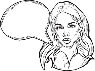 Beautiful young woman talk. Empty speech bubble for sale promotion, text background, quotes. Hand drawn illustration, cartoon comic style vector.