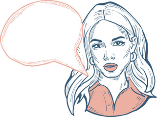 Beautiful young woman talk. Empty speech bubble for sale promotion, text background, quotes. Hand drawn illustration, cartoon comic style vector.