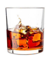 Glass of whiskey or bourbon with splashing of ice cubes falling , Whiskey on the rocks, isolated