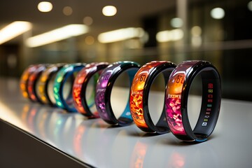 Sleek fitness trackers display vibrant colors and advanced features on a modern display