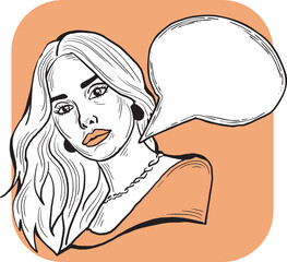 Beautiful young woman talk. Empty speech bubble for sale promotion, text background, quotes. Hand drawn illustration, cartoon comic style vector.