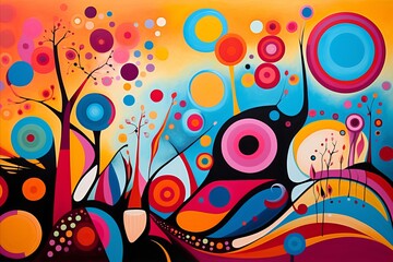 Abstract representation of joyful vibrations in vibrant colors, Playful and abstract scene radiating happiness and energy, Use diverse hues for joyful vibrations