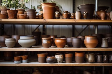 Fototapeta na wymiar Pottery Collection - An assortment of handmade pottery on shelves, showcasing various sizes and shades, reflecting the art of ceramics.