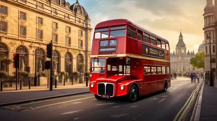 Foto op Canvas Vintage red double-decker bus on a bustling city street. © Lenardo