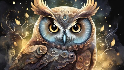 Magical majestic owl illustration - obrazy, fototapety, plakaty