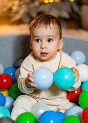 Fototapeta na wymiar A baby sitting in a ball pit surrounded by balloons. Baby Having Fun in a Colorful Ball Pit