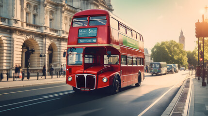 Vintage red double-decker bus on a bustling city street. - obrazy, fototapety, plakaty