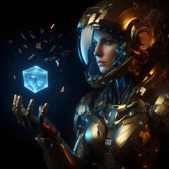 A female warrior wrapped in golden armor styled with broken flake technology