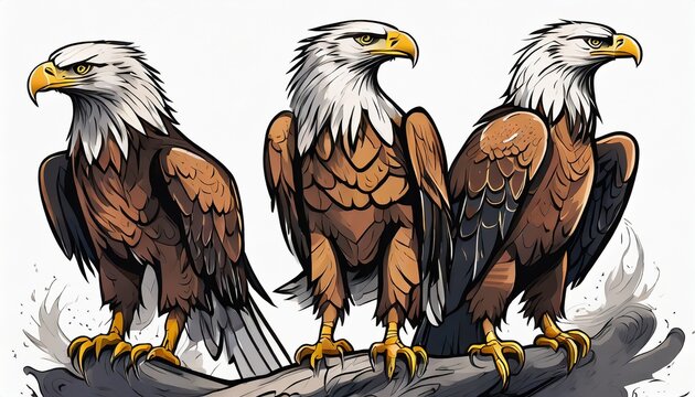 three majestic eagles isolated on white painting, Illustration