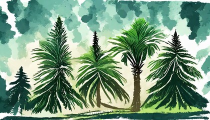 Abstract painted trees in a wild tropical forest. Illustration