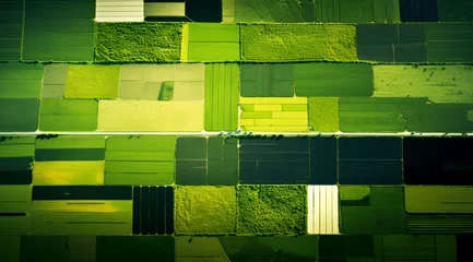 Foto auf Glas Aerial landscape view of pattern of agricultural fields with roads. Shades of green suggest crop diversity or stages of growth, presenting rich farmland and sustainable agriculture. © GT77
