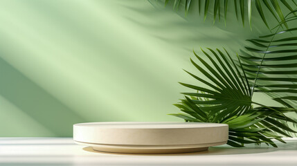podium for product presentation with palm leaves on the background