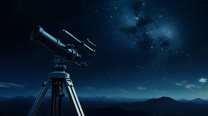 Telescope pointed towards a starry night sky.