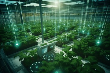 Automated crop protection system in a high-tech farm, smart sensors ensuring crop health, Technologically advanced and sleek, portraying the future of agriculture