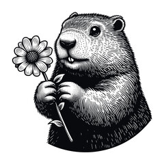 cute groundhog holding a flower vector sketch © Satoru Sketches