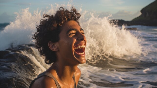 a man with a smile walking into the ocean, in the style of photorealistic portraits, joyful celebration of nature,
