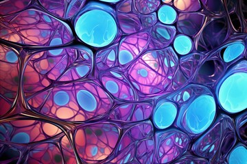 Illustration of cellular structures with vibrant energy, Microscopic view of cells vibrating in a harmonious pattern, intricate cellular details with glowing vibrational patterns