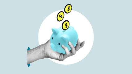 Risk insurance in banking. Collage with hand with piggy bank money and coins. Cash flow