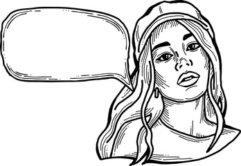 Beautiful young woman talk. Empty speech bubble for sale promotion, text background, quotes. Hand drawn illustration, cartoon comic style vector.