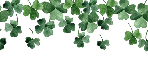 watercolor seamless border, frame of green four-leaf clover leaves. decoration for st. patrick's day.