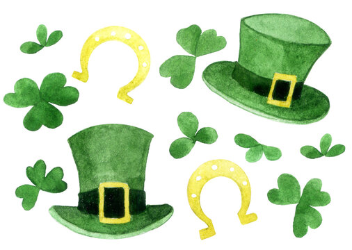 watercolor drawing, set of elements for St. Patrick's Day. green clover leaves, replicon hats, lucky horseshoes.