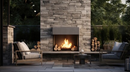 Stone gas fireplace in the garden in the outdoor kitchen