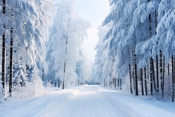 Automobile road through a winter forest covered with snow.