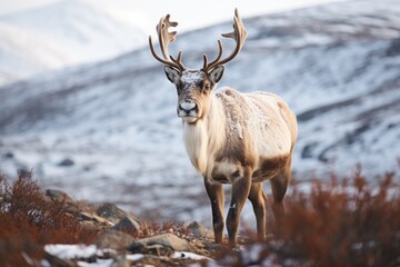 Reindeer with big antlers walking in winter tundra.