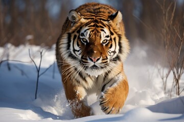 Fototapeta na wymiar Tiger in wild winter nature. Amur tiger running in the snow.
