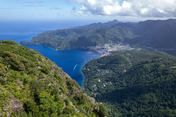 Aerial  of Gros Piton and Petit Piton on St. Lucia.  Shot on a drone in the Caribbean on beautiful Saint Lucia island.