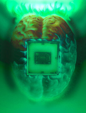 Human brain anatomical model with CPU processor microchip