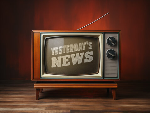 Vintage TV set with a breaking news screen showing yesterday's news. Concept for outdated or irrelevant news.