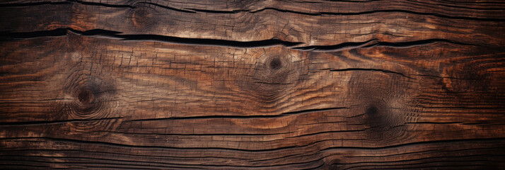 Naklejka premium Vintage wood texture, old dark brown cracked plank. Weathered long wooden board with natural pattern and color. Theme of background, timber, tree, woodgrain, nature, knot, structure