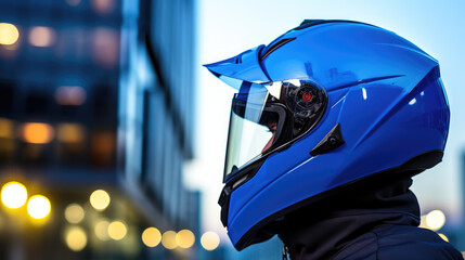 Close-up of a motorcyclist racer in a helmet riding a bike in the evening city against the background of blurred city streets and road. Equipment for a modern motorcyclist. - obrazy, fototapety, plakaty