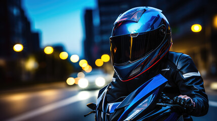 Close-up of a motorcyclist in a helmet riding a bike in the evening city against the background of blurred city streets and road. Equipment for a modern motorcyclist, copy space.