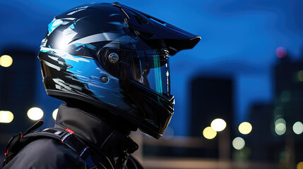 Close-up portrait of a motorcyclist in a helmet riding a bike in the evening city against the...