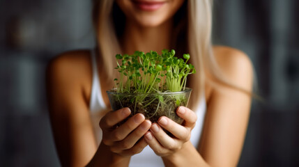 Close-up, young woman holding young wheat sprouts in a glass pot, healthy food supplement, healthy eating, idea for banner - obrazy, fototapety, plakaty